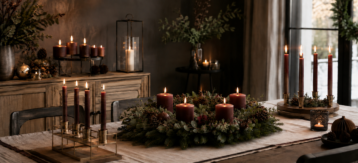 Adventskranz und Adventsleuchter mit burgunderroten Kerzen