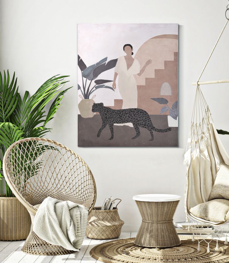 Wandbild Lady C mit Panther 80x100cm – Boho Leinwandkunst in Naturtönen