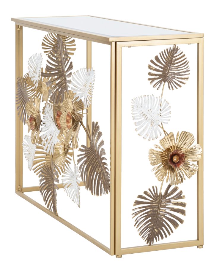 Konsole Floral Blattdesign Glasplatte Glam Floris Metall