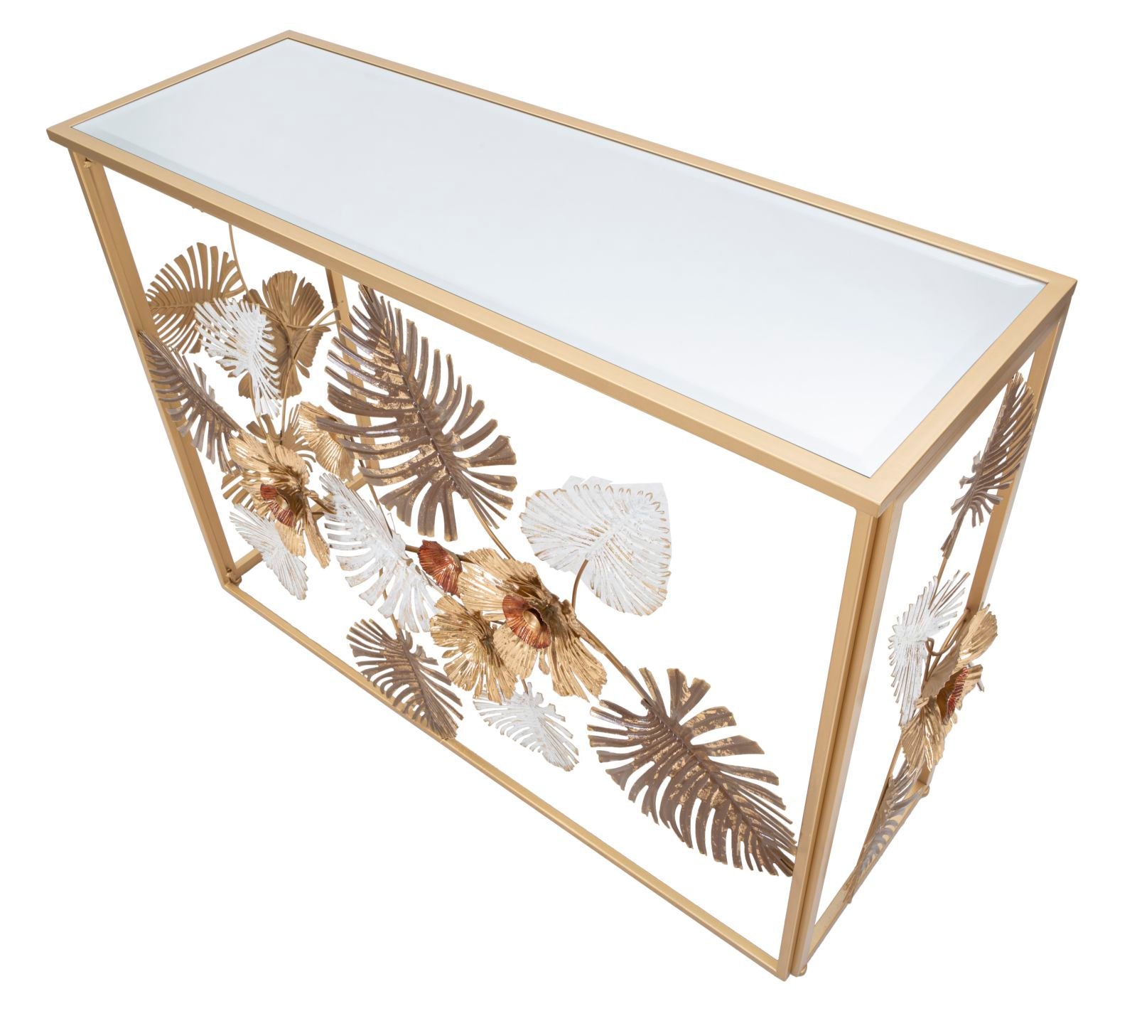 Konsole Floral Blattdesign Glasplatte Glam Floris Metall