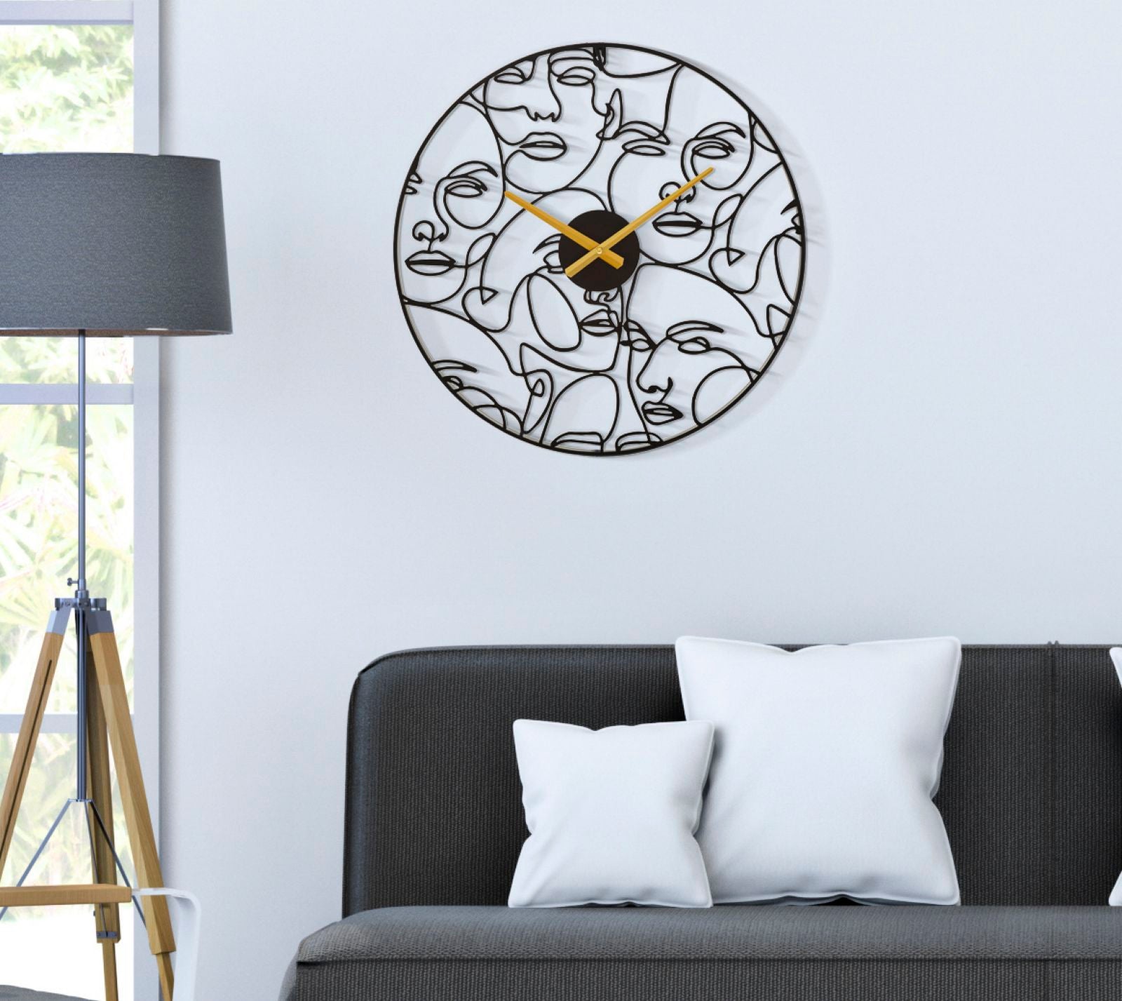 Faces Wanduhr 50 cm Moderne Wanduhr aus Metall mit Gesichtsdesign in Schwarz-Gold