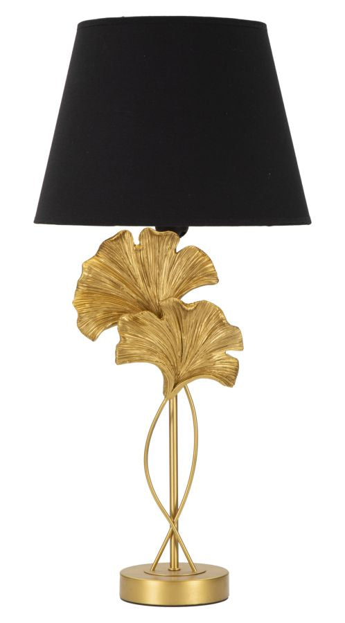 Flow Tischlampe 63 cm – Elegante Lampe mit goldenen Gingkoblättern und schwarzem Stoffschirm