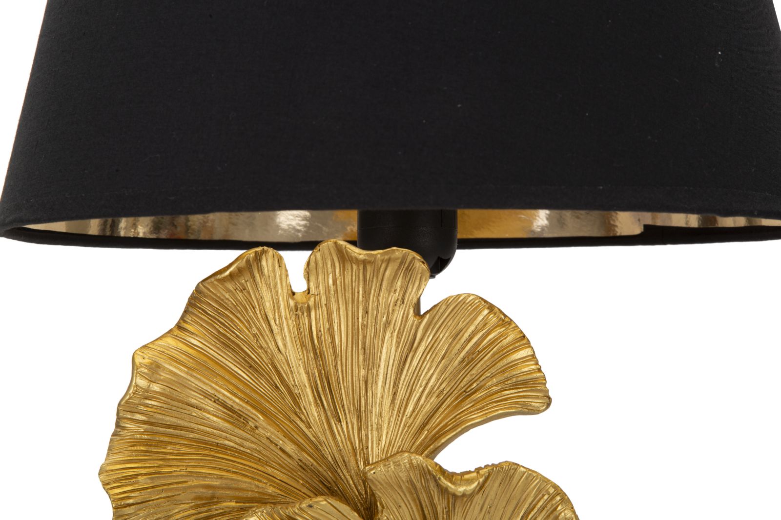 Flow Tischlampe 63 cm – Elegante Lampe mit goldenen Gingkoblättern und schwarzem Stoffschirm