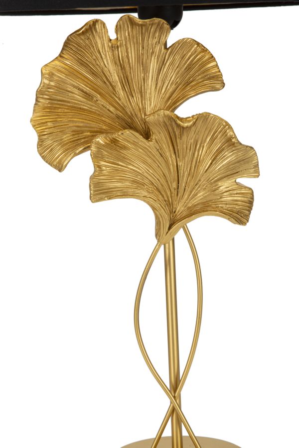 Flow Tischlampe 63 cm – Elegante Lampe mit goldenen Gingkoblättern und schwarzem Stoffschirm