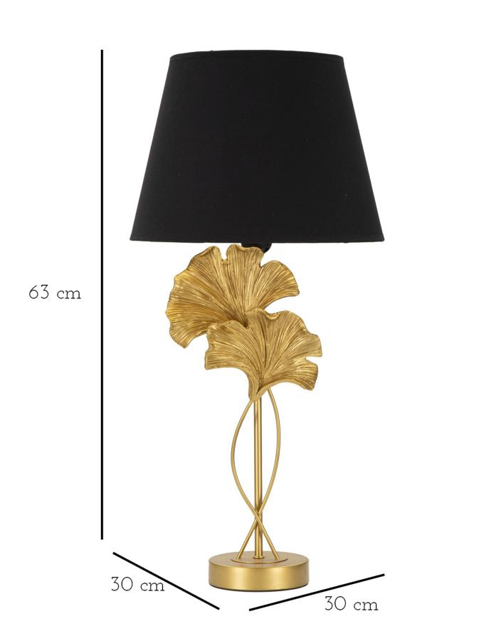 Flow Tischlampe 63 cm – Elegante Lampe mit goldenen Gingkoblättern und schwarzem Stoffschirm