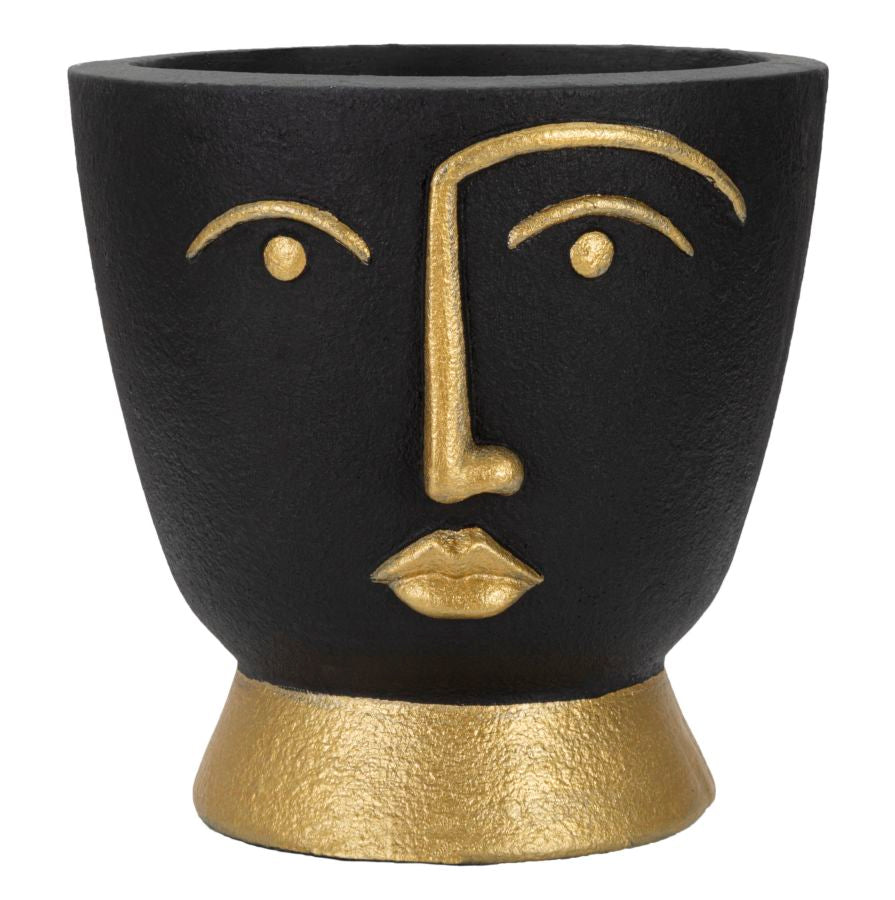 Blumentopf Amaru Tribal Gesicht Schwarz Gold 25 cm Resin