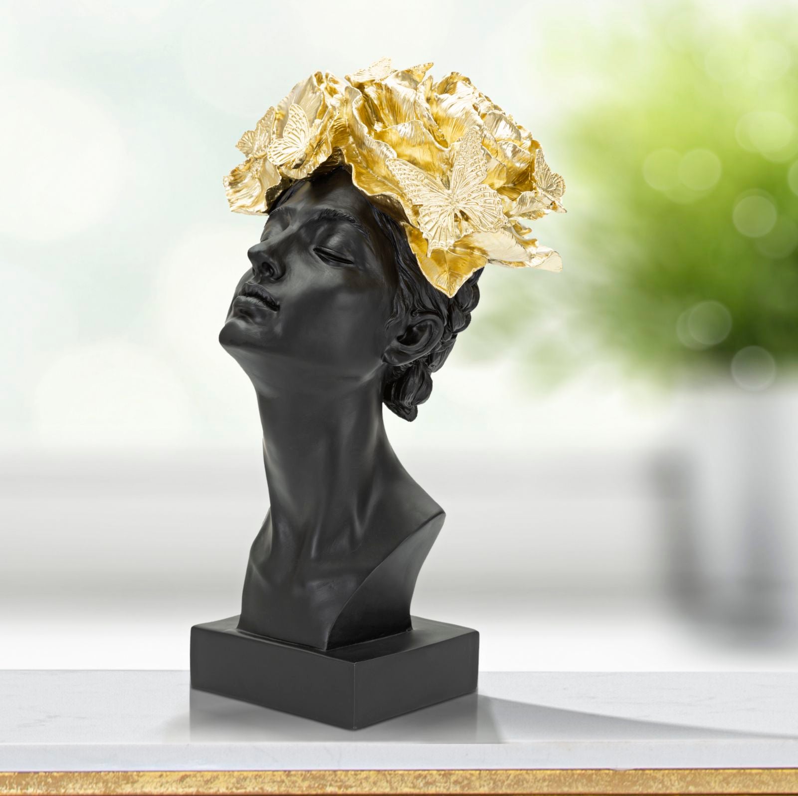 Skulptur Donna Farfalle Kopfdeko Schwarz Gold Resina Glam Büste
