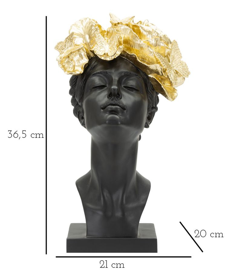 Skulptur Donna Farfalle Kopfdeko Schwarz Gold Resina Glam Büste