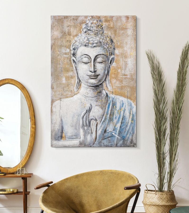 Wandbild Buddha Light B Leinwand Boho Chic Gold Blau Weiß 80X3X120cm