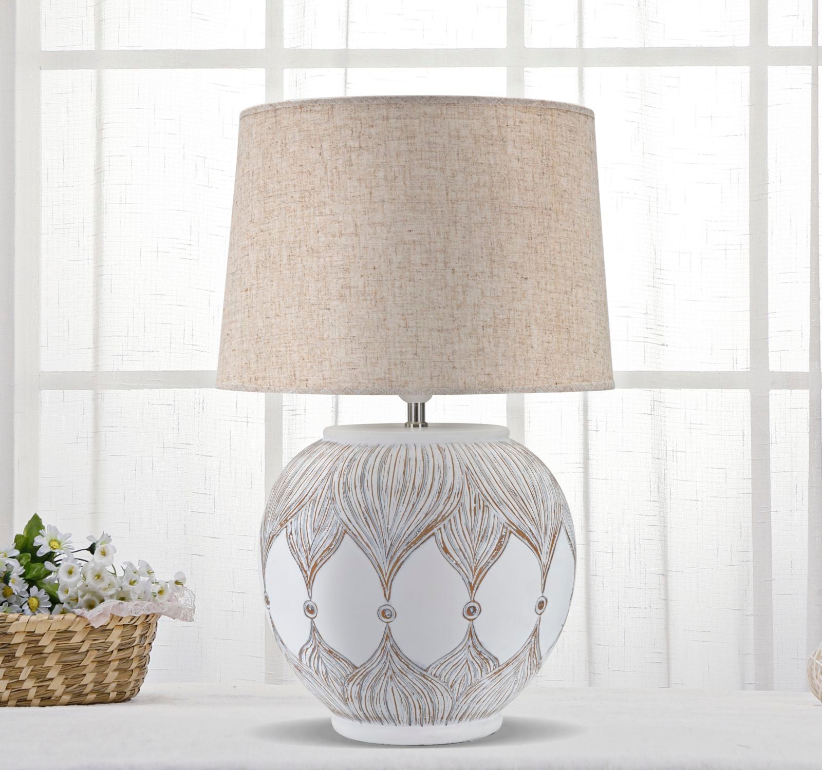 Tischlampe Atene Boho Chic Beige Weiss Rund Resina
