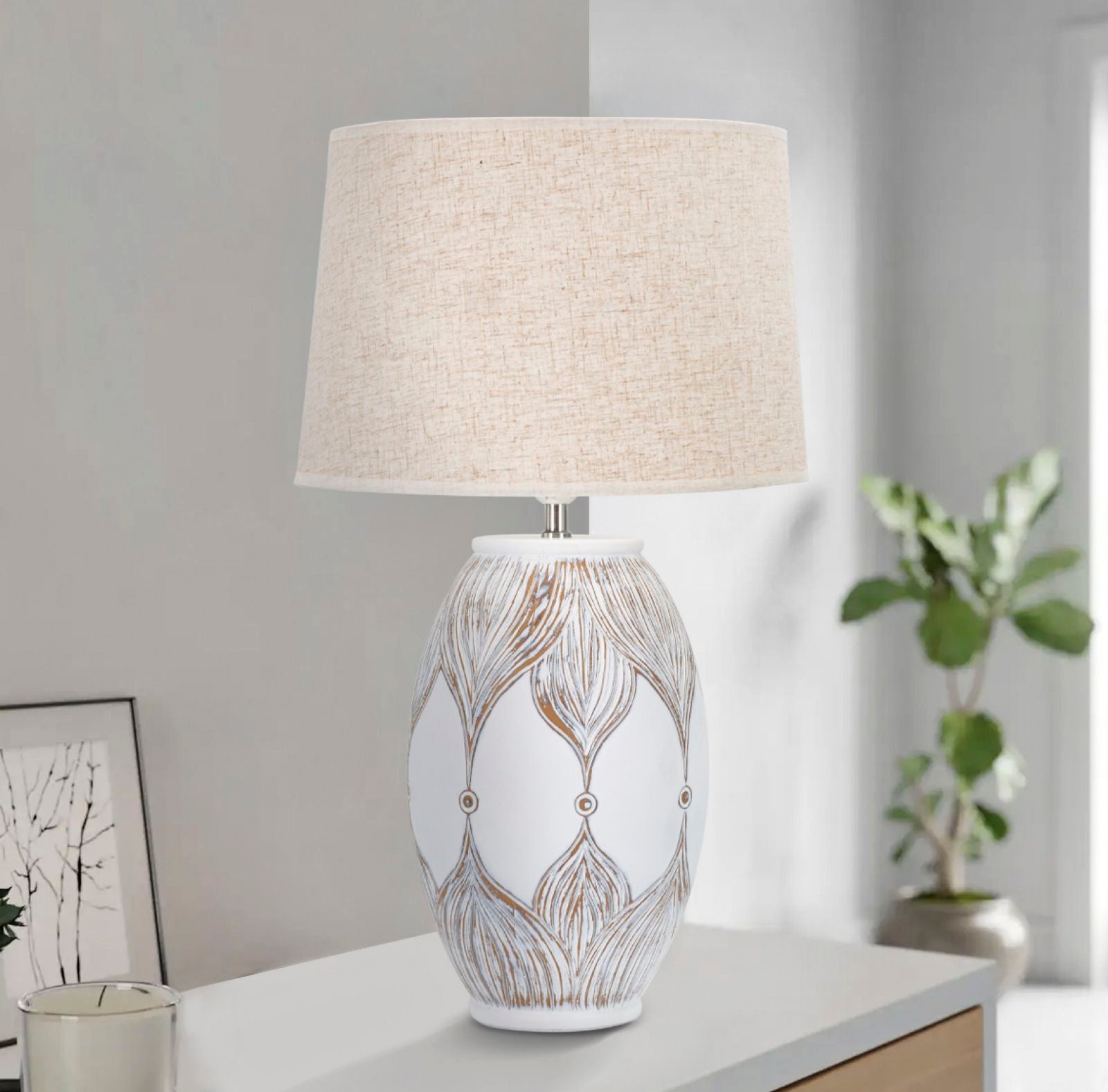 Tischlampe Atene Oval Boho Chic Weiss Beige Resina Stoff