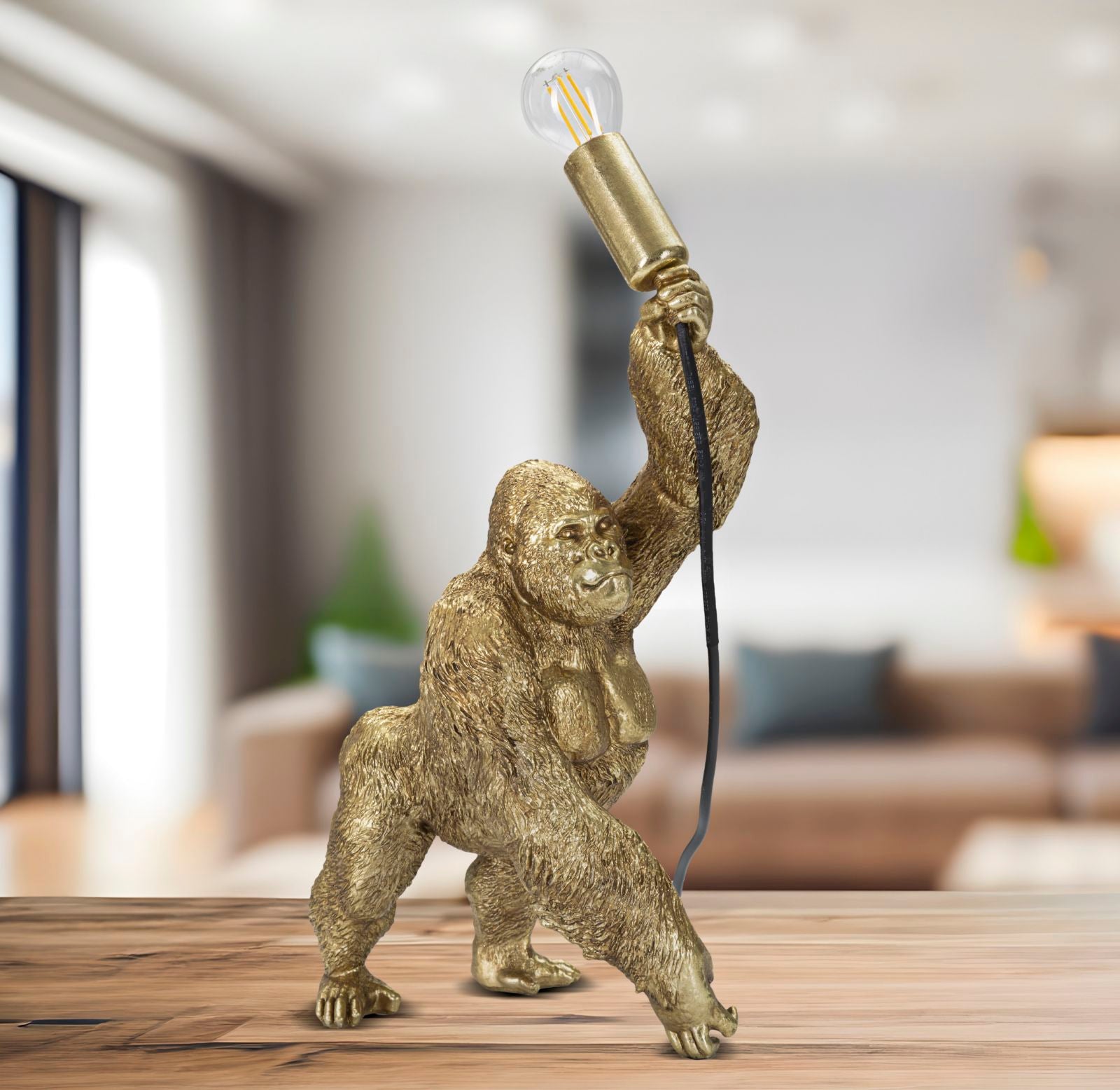 Gorilla Tischlampe Gold 40 cm – Extravagantes Wohnaccessoire