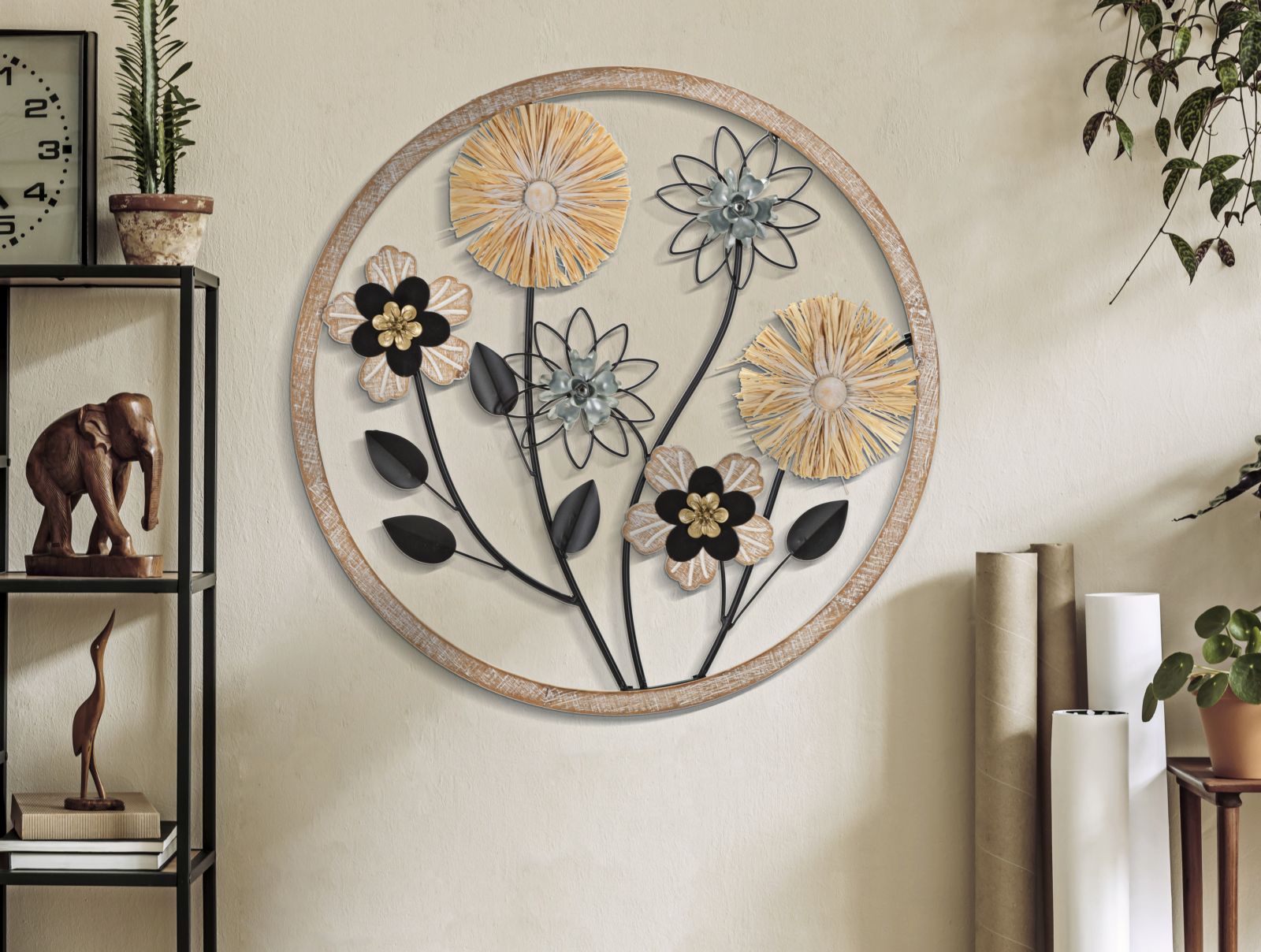 Wandobjekt Fiorella Rund Blumen Boho Metall Holz Raffia 50cm