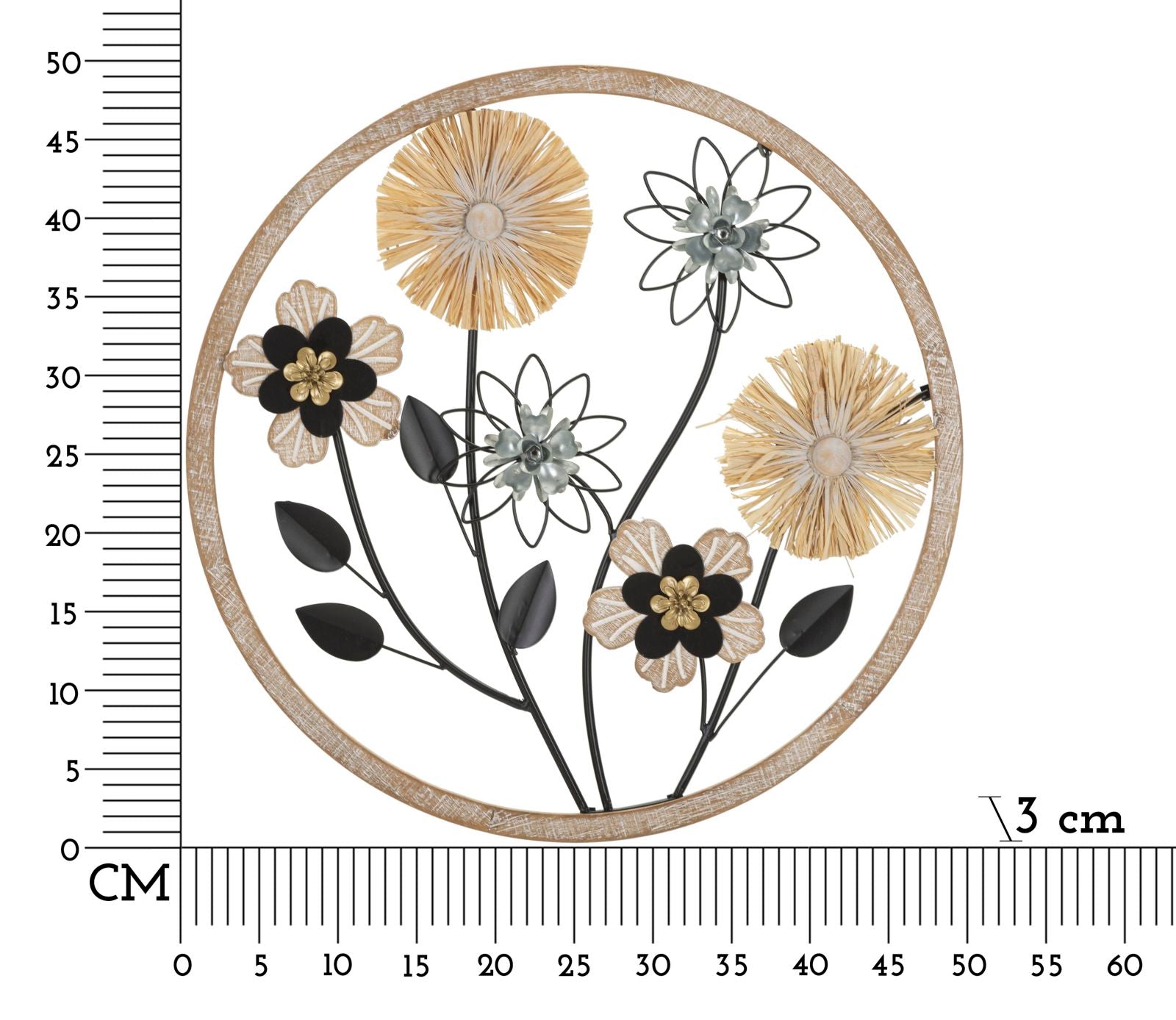 Wandobjekt Fiorella Rund Blumen Boho Metall Holz Raffia 50cm