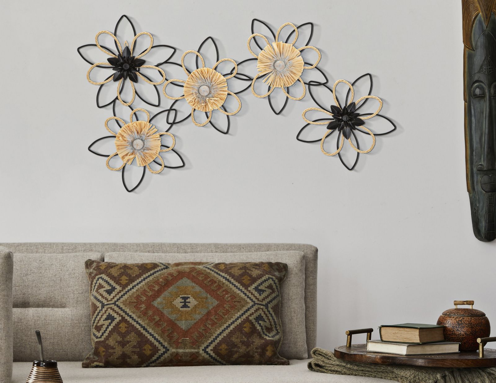 Boho Flower Wanddeko Eisen Raffia Naturlook 60x35 cm