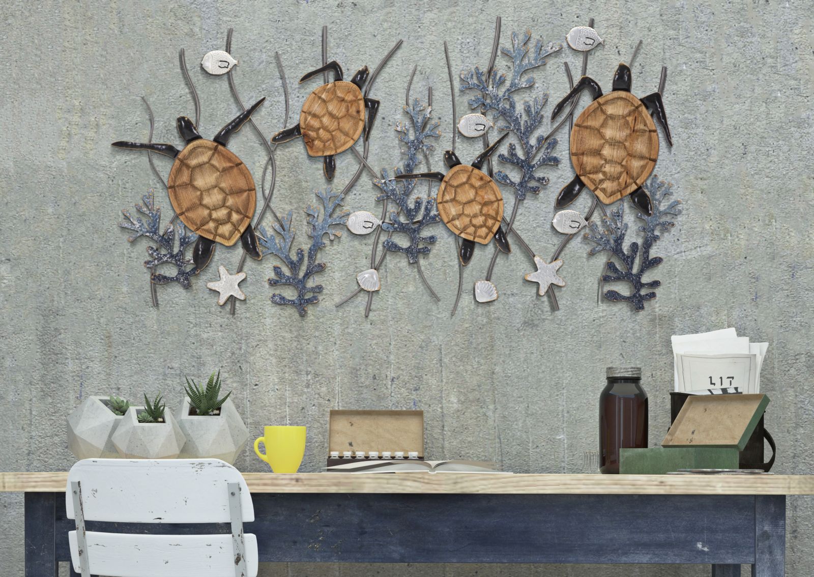 Wanddeko Metall Schildkröten 132 cm – Maritimes Wandpaneel