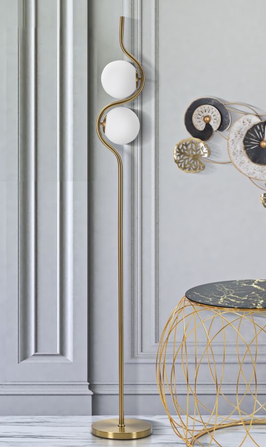 Glamy Stehlampe 2-flammig 168 cm – Moderne Wellenform-Leuchte in Gold mit Glaskugeln