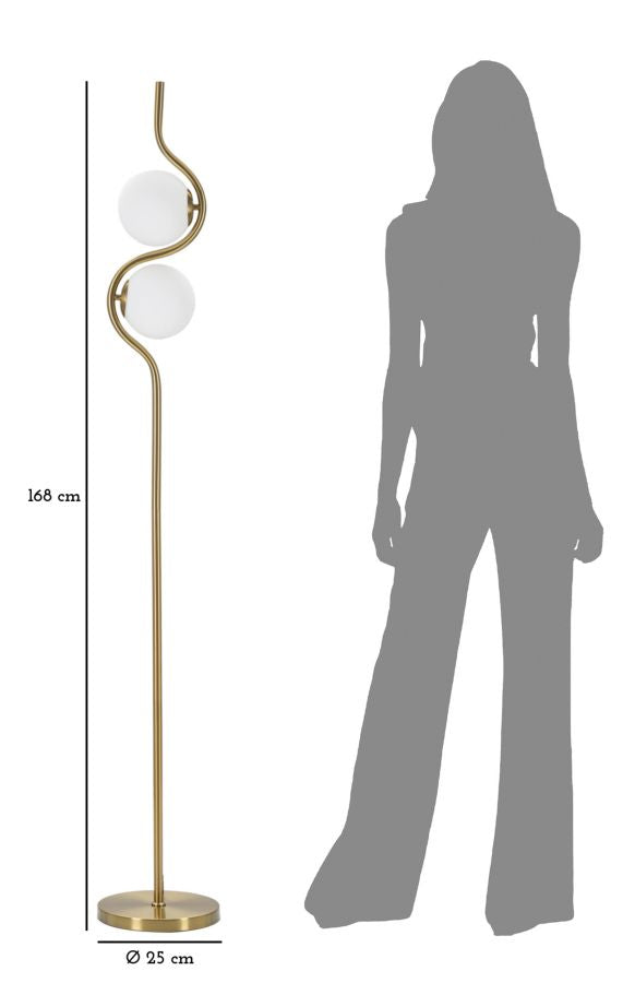 Glamy Stehlampe 2-flammig 168 cm – Moderne Wellenform-Leuchte in Gold mit Glaskugeln