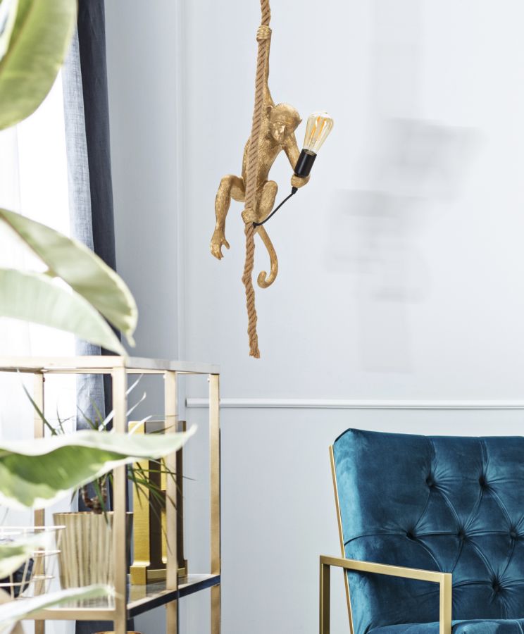 Monkey Hängelampe Gold 145 cm – Affenlampe aus Harz mit Kordel und E27-Fassung