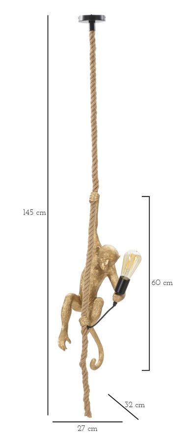 Monkey Hängelampe Gold 145 cm – Affenlampe aus Harz mit Kordel und E27-Fassung