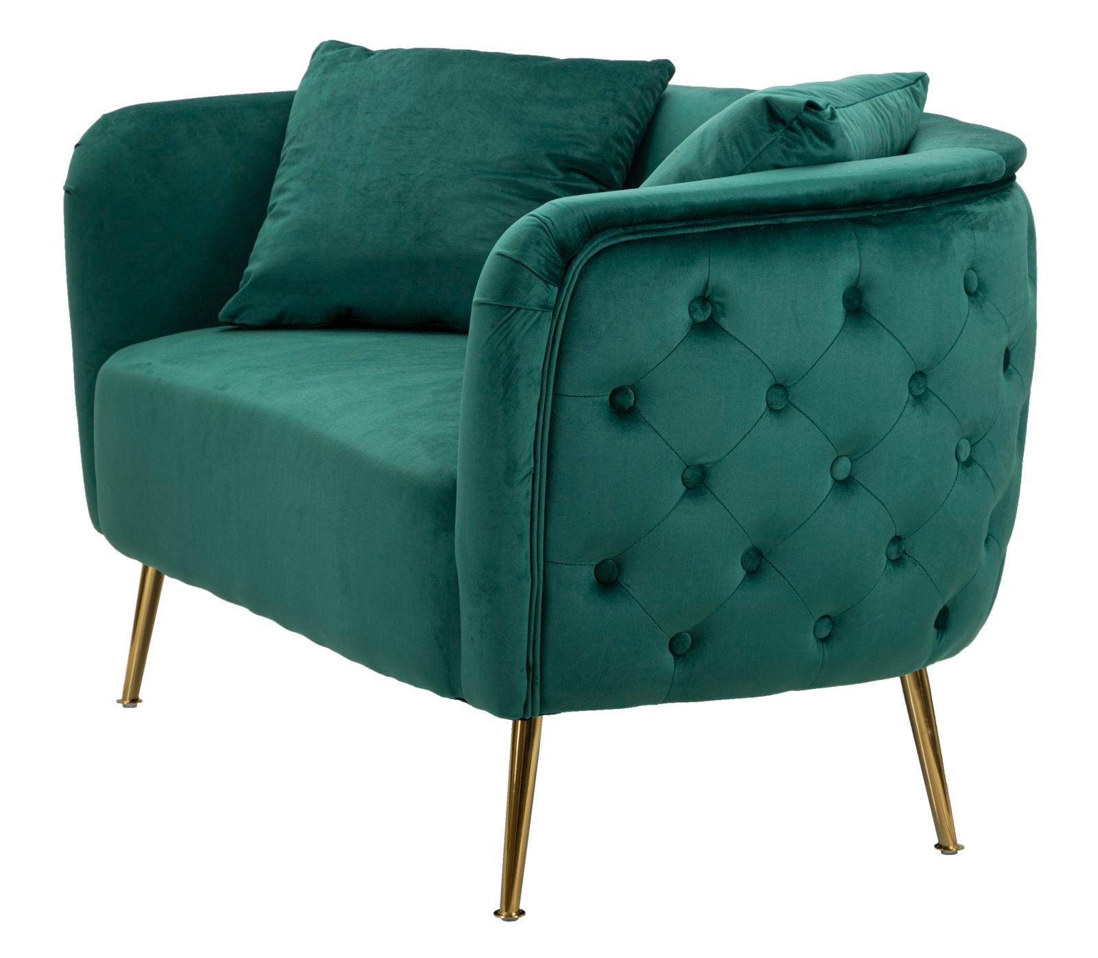 Samt Sofa Verde Lucente 127 cm mit Kissen und Goldfüßen