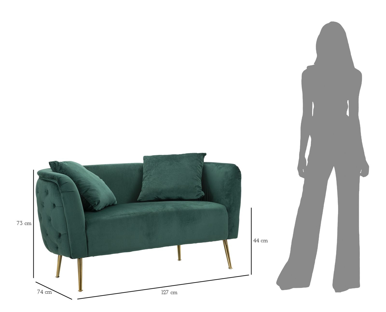 Samt Sofa Verde Lucente 127 cm mit Kissen und Goldfüßen