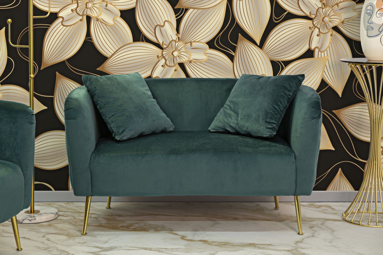 Samt Sofa Verde Lucente 127 cm mit Kissen und Goldfüßen