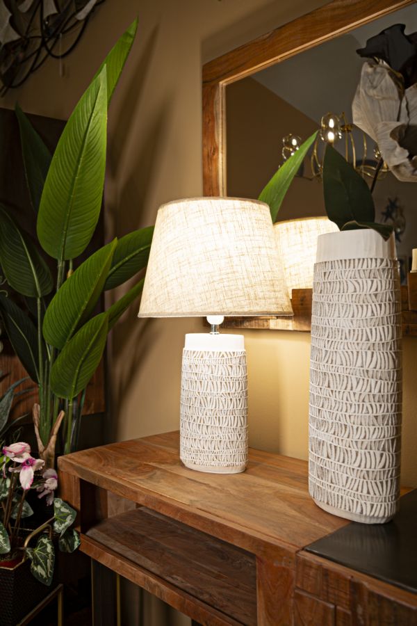 Tischlampe Nairobi Boho Chic Weiss Beige Resina Zylinderform