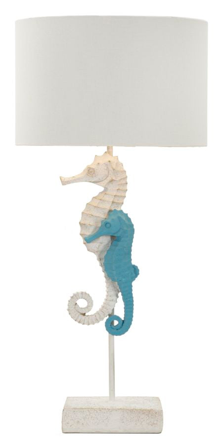 Seepferdchen Tischlampe 66 cm mit Stoffschirm in Weiß – Maritimes Wohnaccessoire
