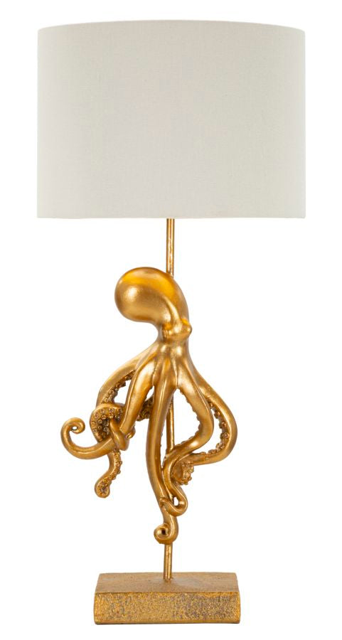Oktopus Tischlampe Gold 64,5 cm mit Stoffschirm – Extravagantes Wohnaccessoire