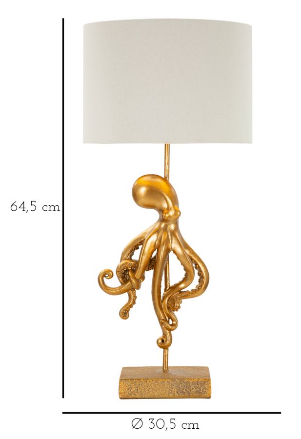 Oktopus Tischlampe Gold 64,5 cm mit Stoffschirm – Extravagantes Wohnaccessoire