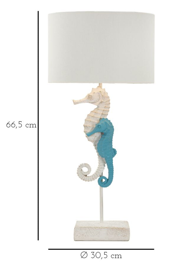 Seepferdchen Tischlampe 66 cm mit Stoffschirm in Weiß – Maritimes Wohnaccessoire