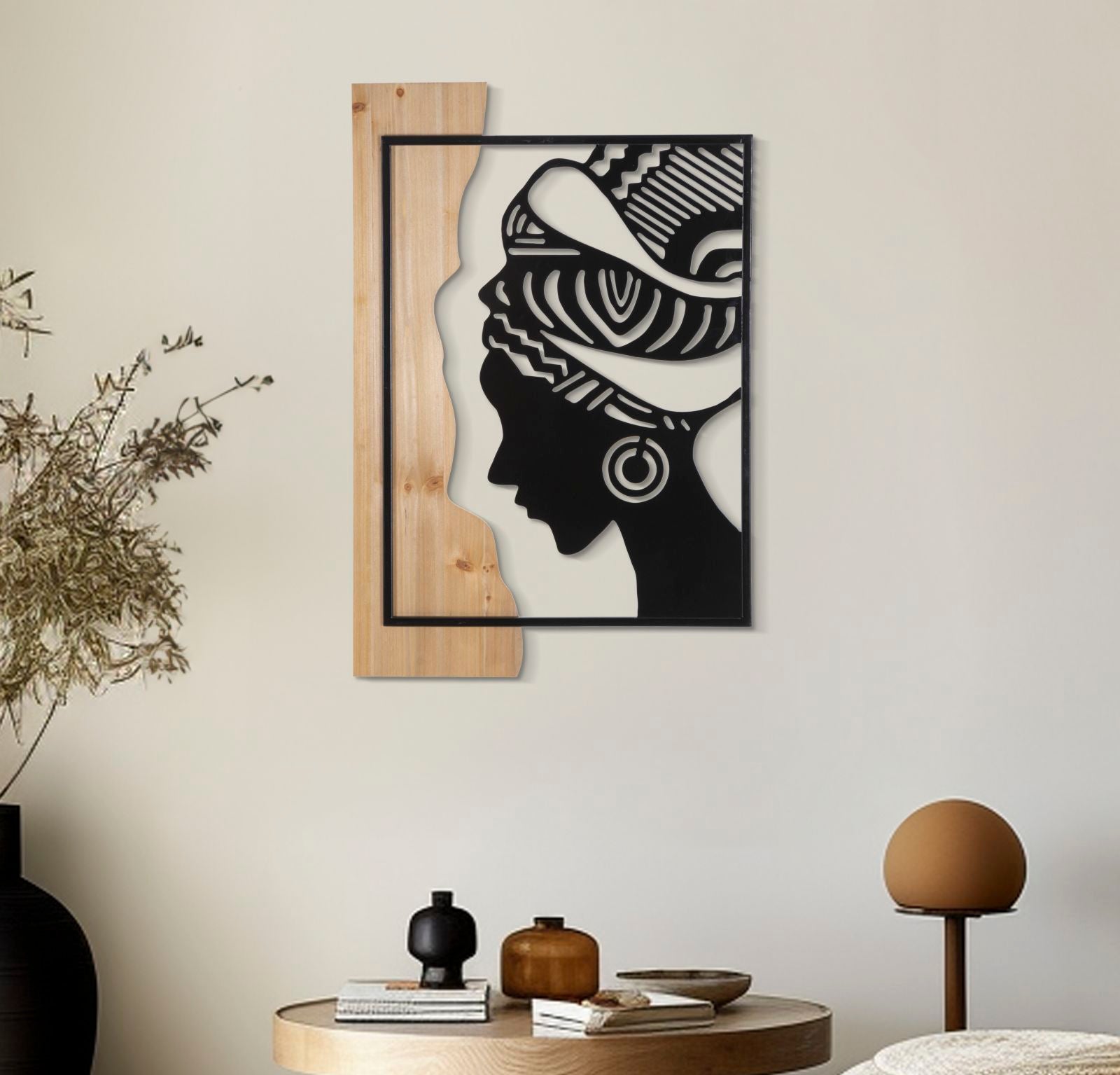 Wandpanel Nayela Tribal Frau mit Kopftuch Metall Holzoptik 80x53 cm