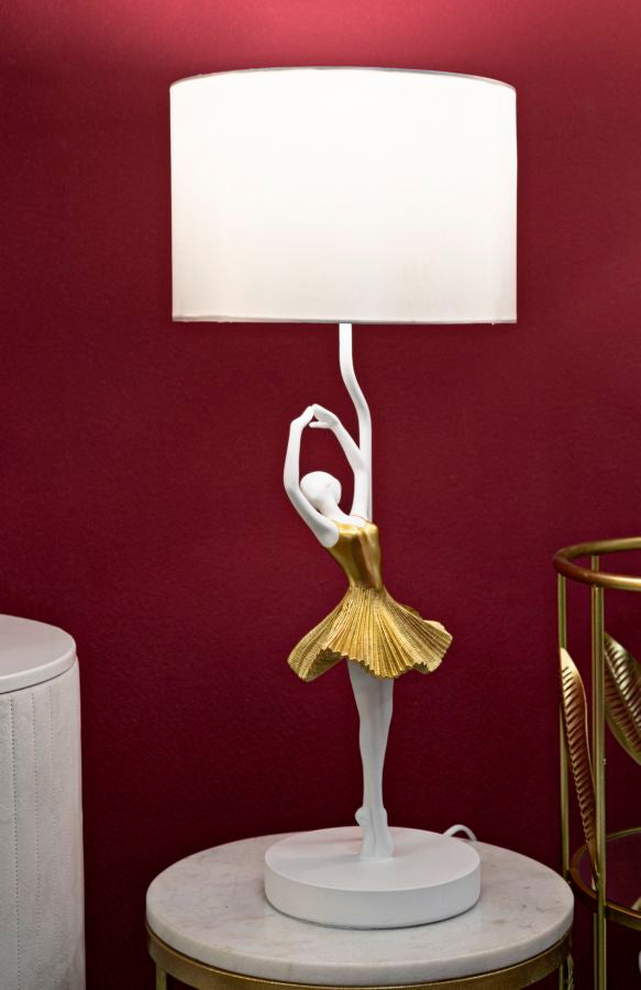 Ballerina Tischlampe Gold 64 cm mit Stoffschirm – Glamour Wohnaccessoire