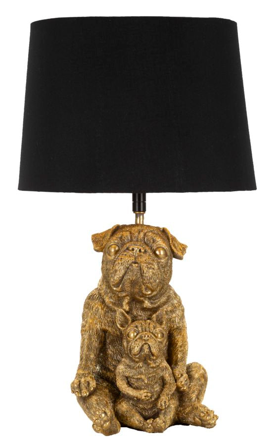 Bulldog Tischlampe Gold 43,8 cm mit schwarzem Stoffschirm – Glamour Wohnaccessoire