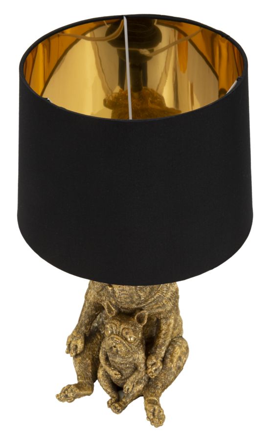 Bulldog Tischlampe Gold 43,8 cm mit schwarzem Stoffschirm – Glamour Wohnaccessoire