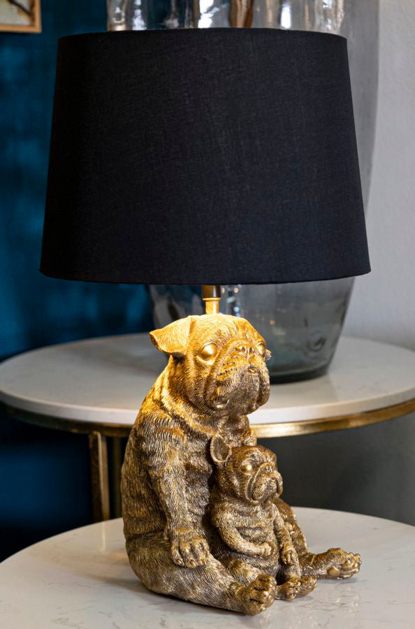 Bulldog Tischlampe Gold 43,8 cm mit schwarzem Stoffschirm – Glamour Wohnaccessoire
