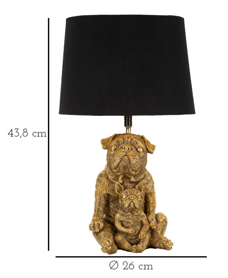 Bulldog Tischlampe Gold 43,8 cm mit schwarzem Stoffschirm – Glamour Wohnaccessoire