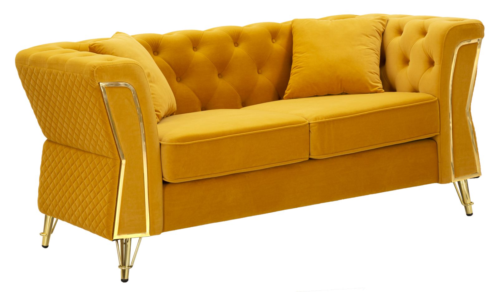 Samt Sofa Aurelia Senape 162 cm mit Kissen und Goldgestell