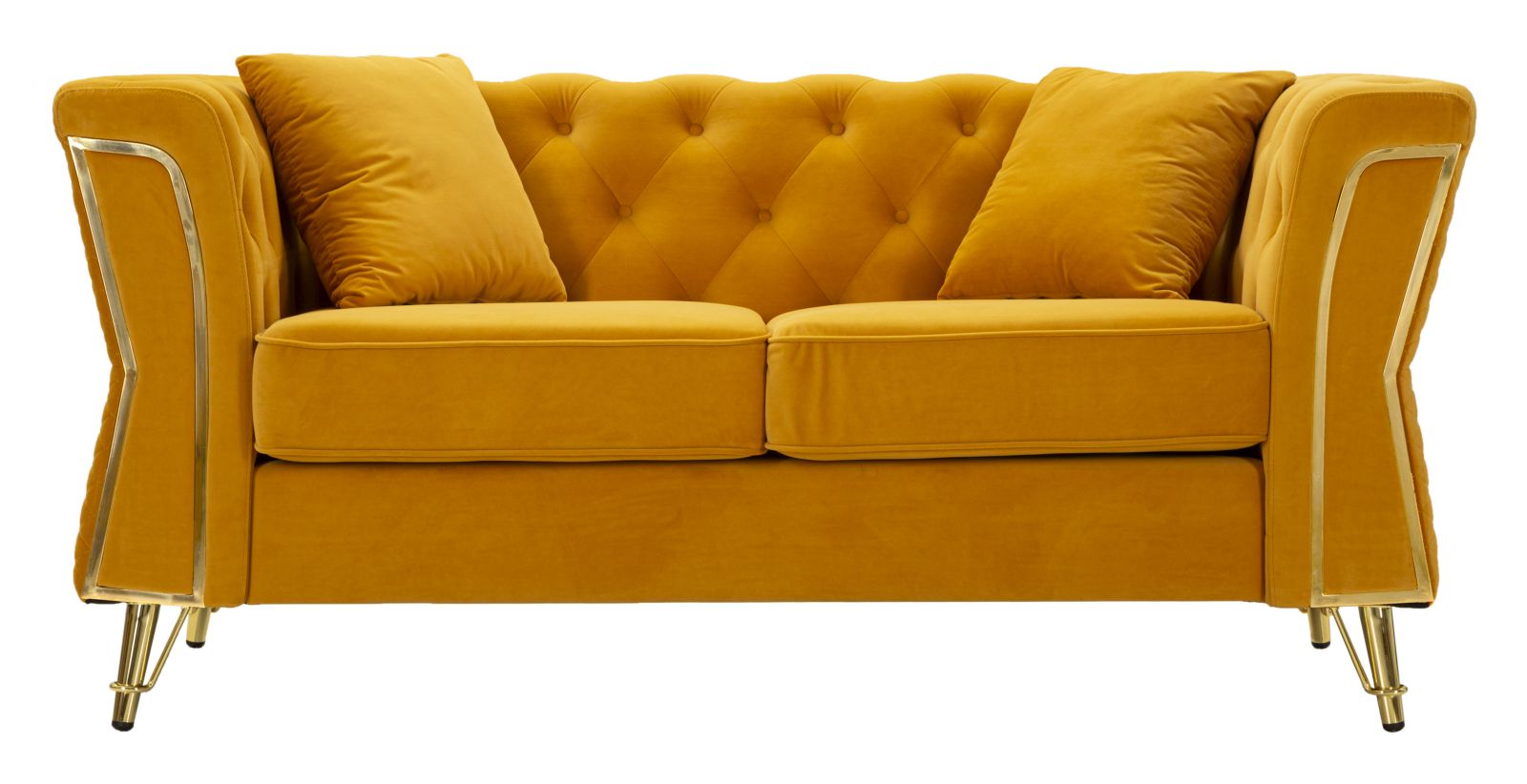 Samt Sofa Aurelia Senape 162 cm mit Kissen und Goldgestell