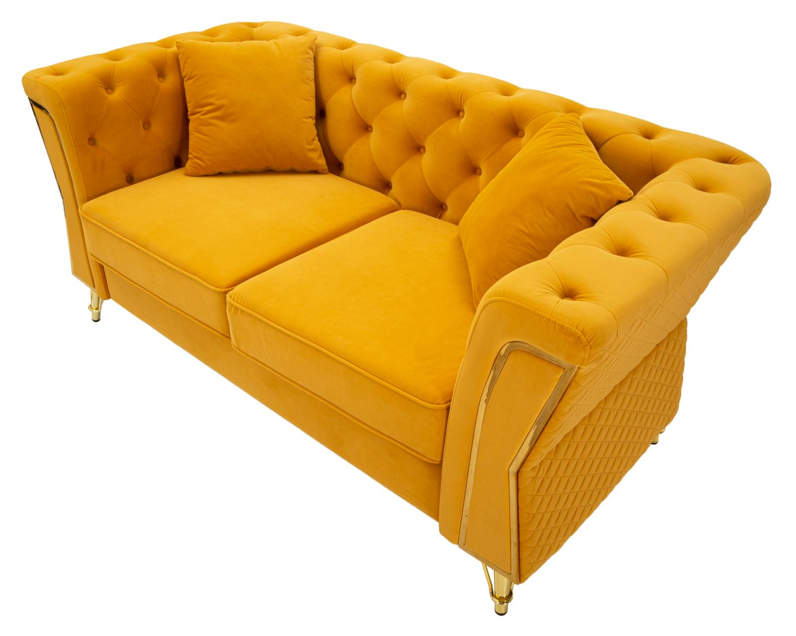 Samt Sofa Aurelia Senape 162 cm mit Kissen und Goldgestell
