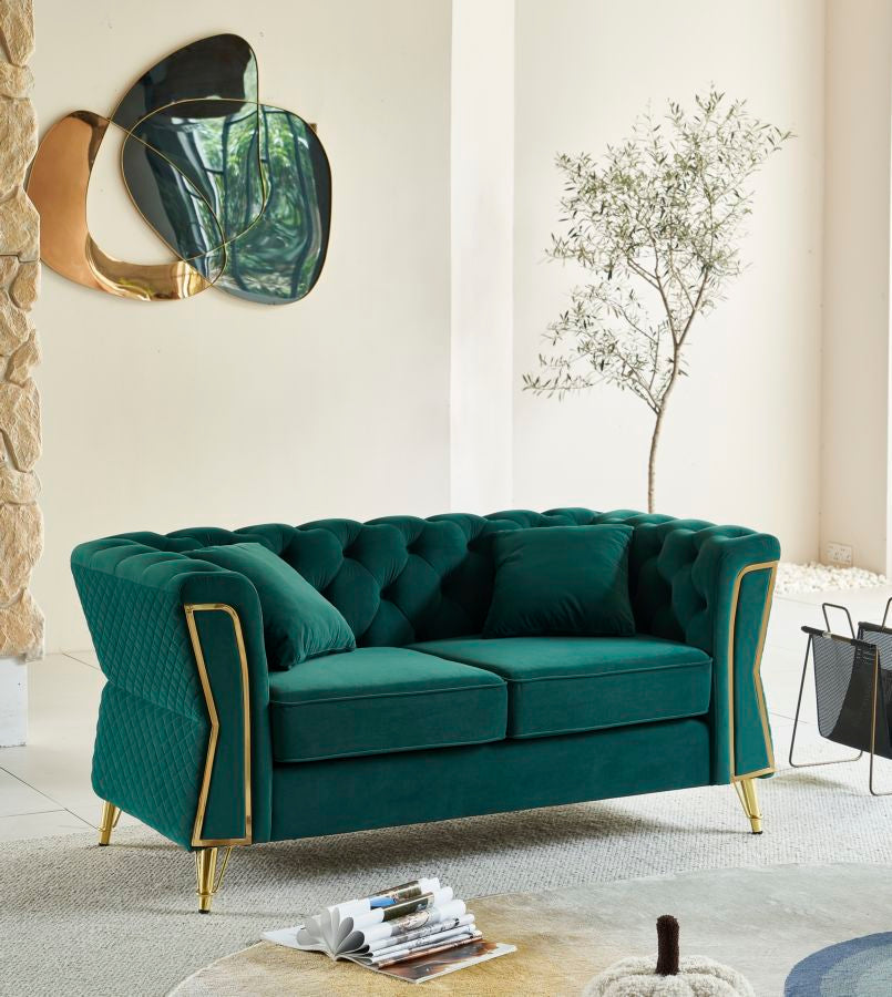 Samt Sofa Aurelia Verde 162 cm mit Kissen und Goldgestell