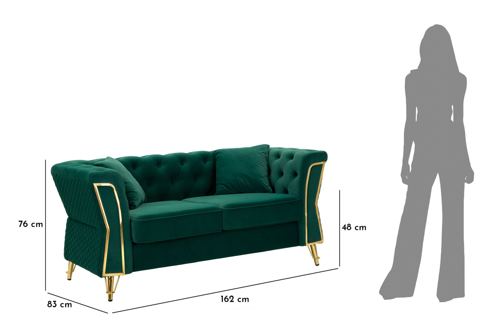 Samt Sofa Aurelia Verde 162 cm mit Kissen und Goldgestell