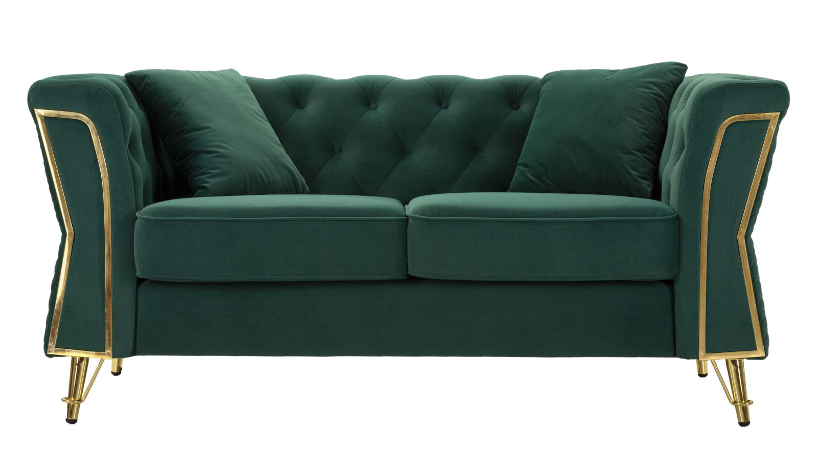 Samt Sofa Aurelia Verde 162 cm mit Kissen und Goldgestell