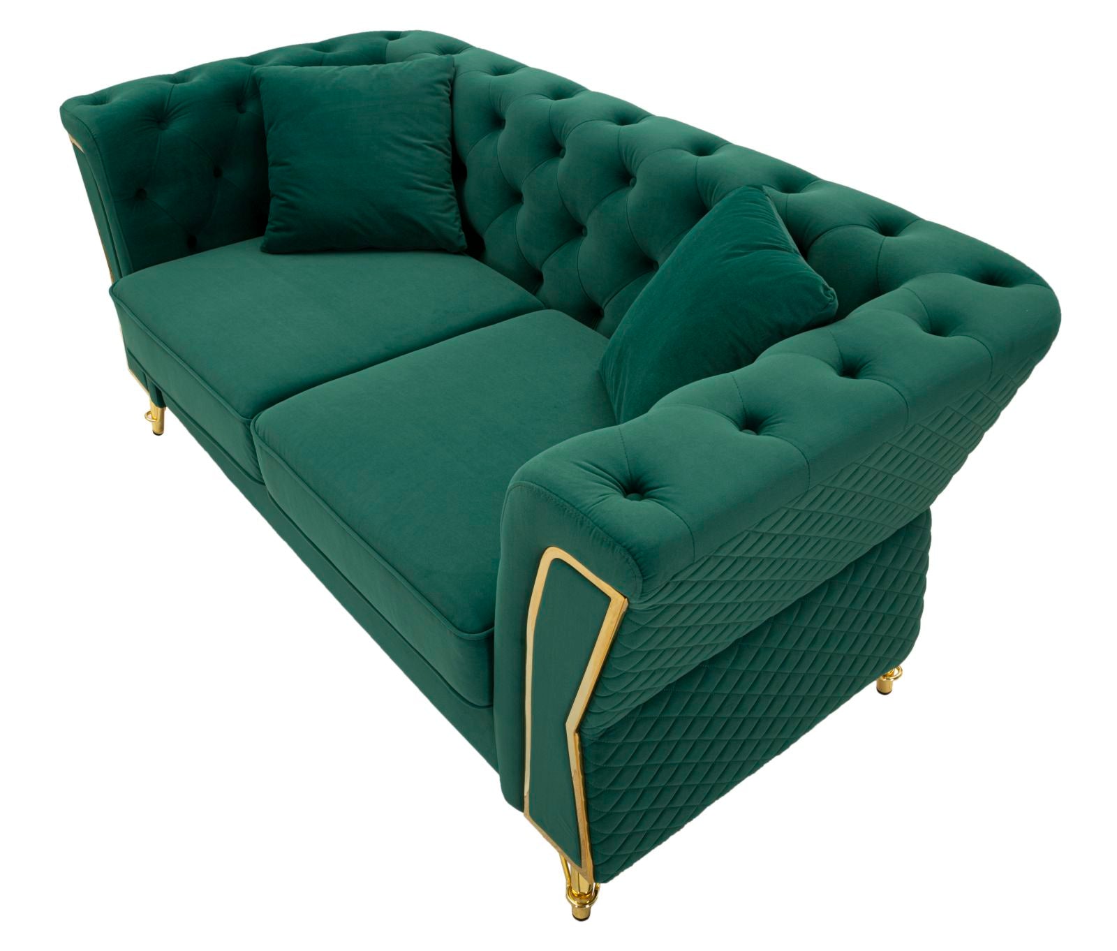Samt Sofa Aurelia Verde 162 cm mit Kissen und Goldgestell