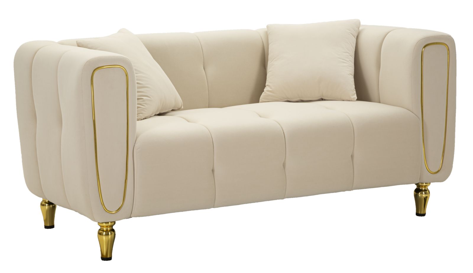 Samt Sofa Alma Crema 155 cm mit Kissen und Goldfüßen