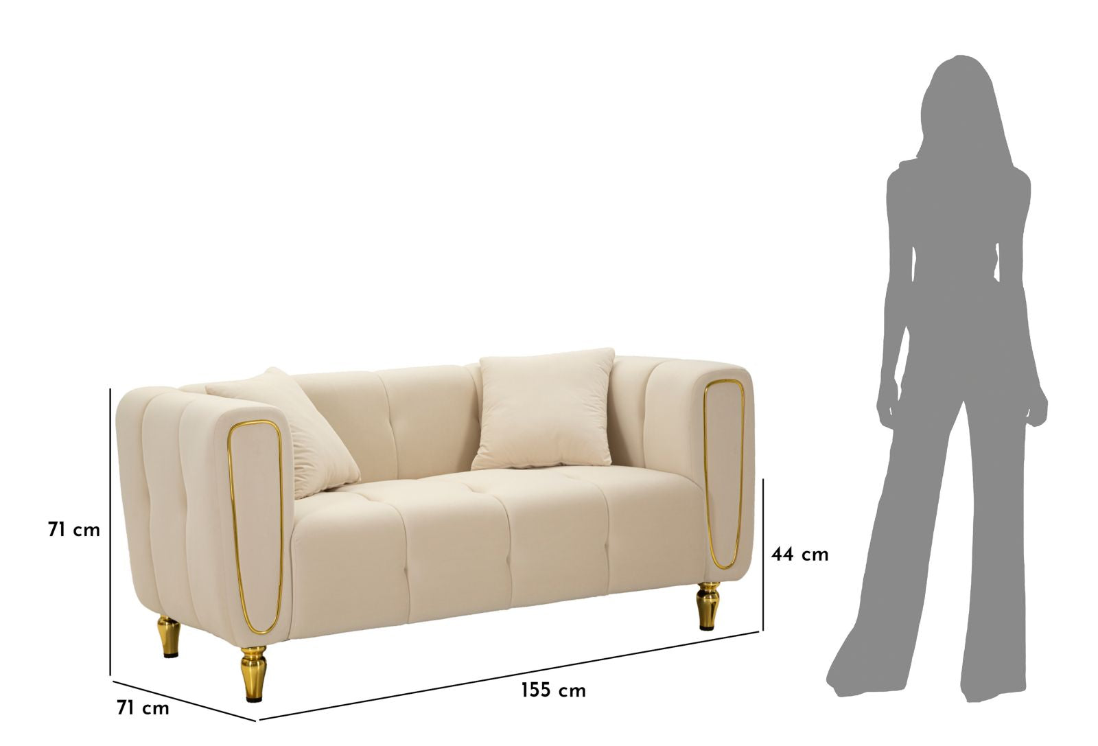 Samt Sofa Alma Crema 155 cm mit Kissen und Goldfüßen