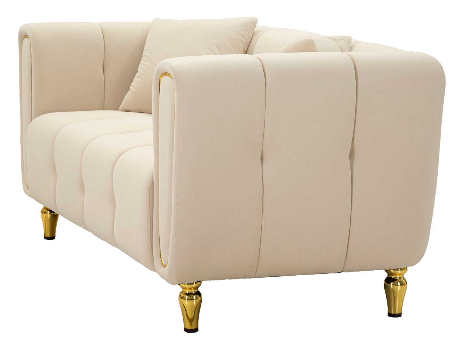 Samt Sofa Alma Crema 155 cm mit Kissen und Goldfüßen