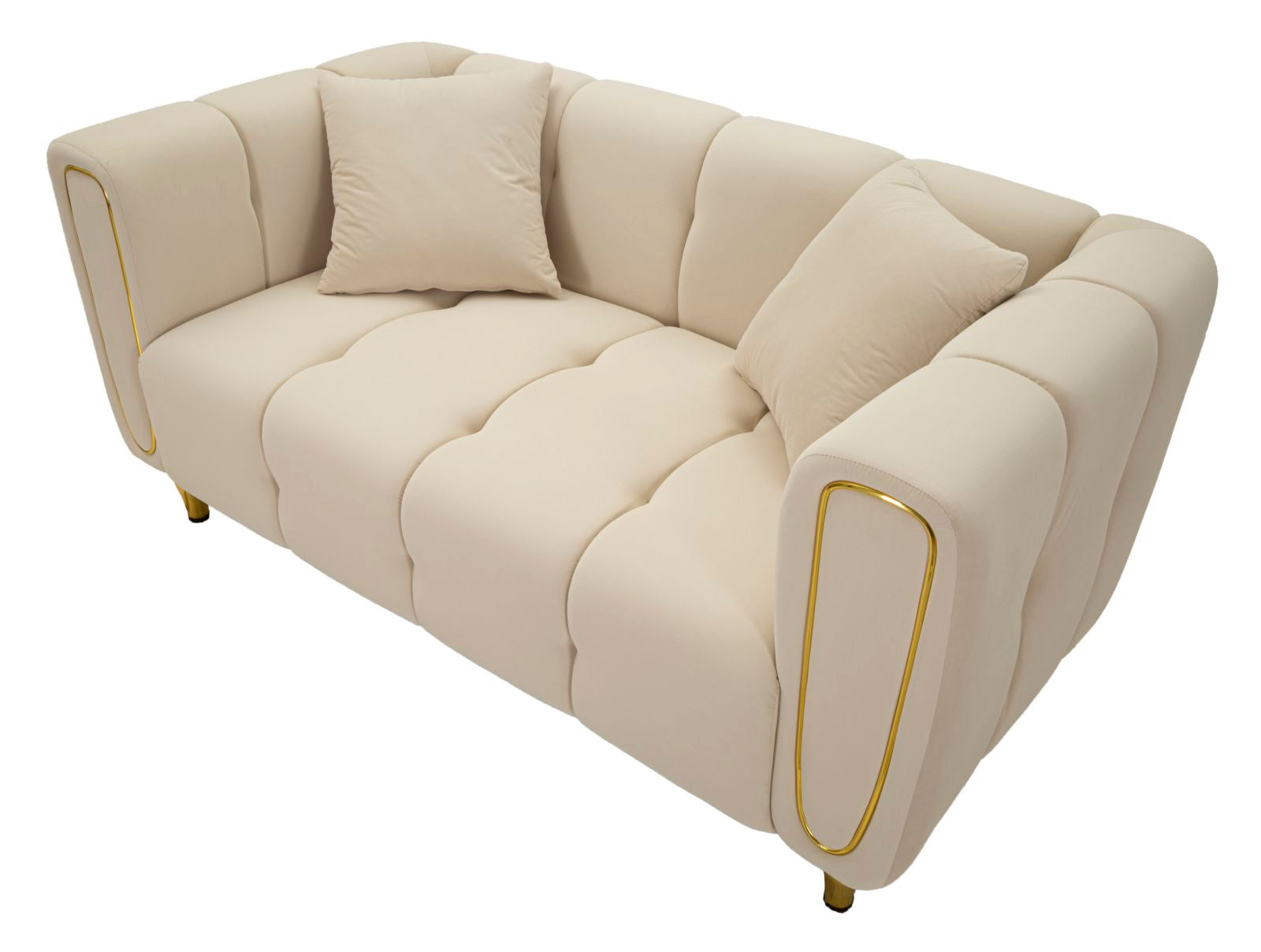 Samt Sofa Alma Crema 155 cm mit Kissen und Goldfüßen
