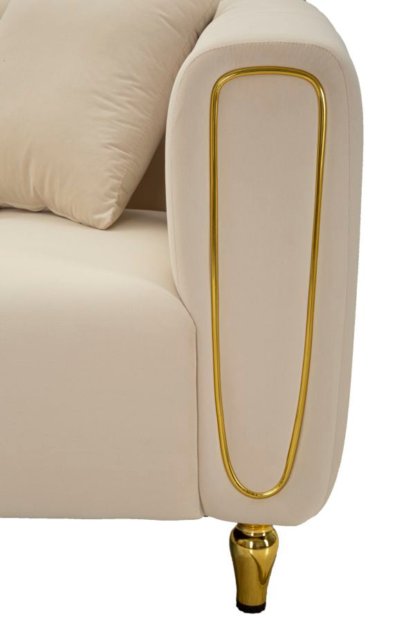 Samt Sofa Alma Crema 155 cm mit Kissen und Goldfüßen